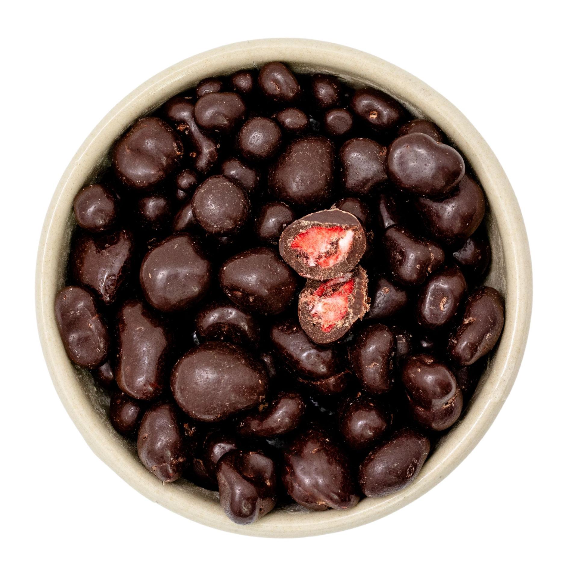 Aardbeien in pure zwarte chocolade, biologisch en Fairtrade, 2x2,5kg