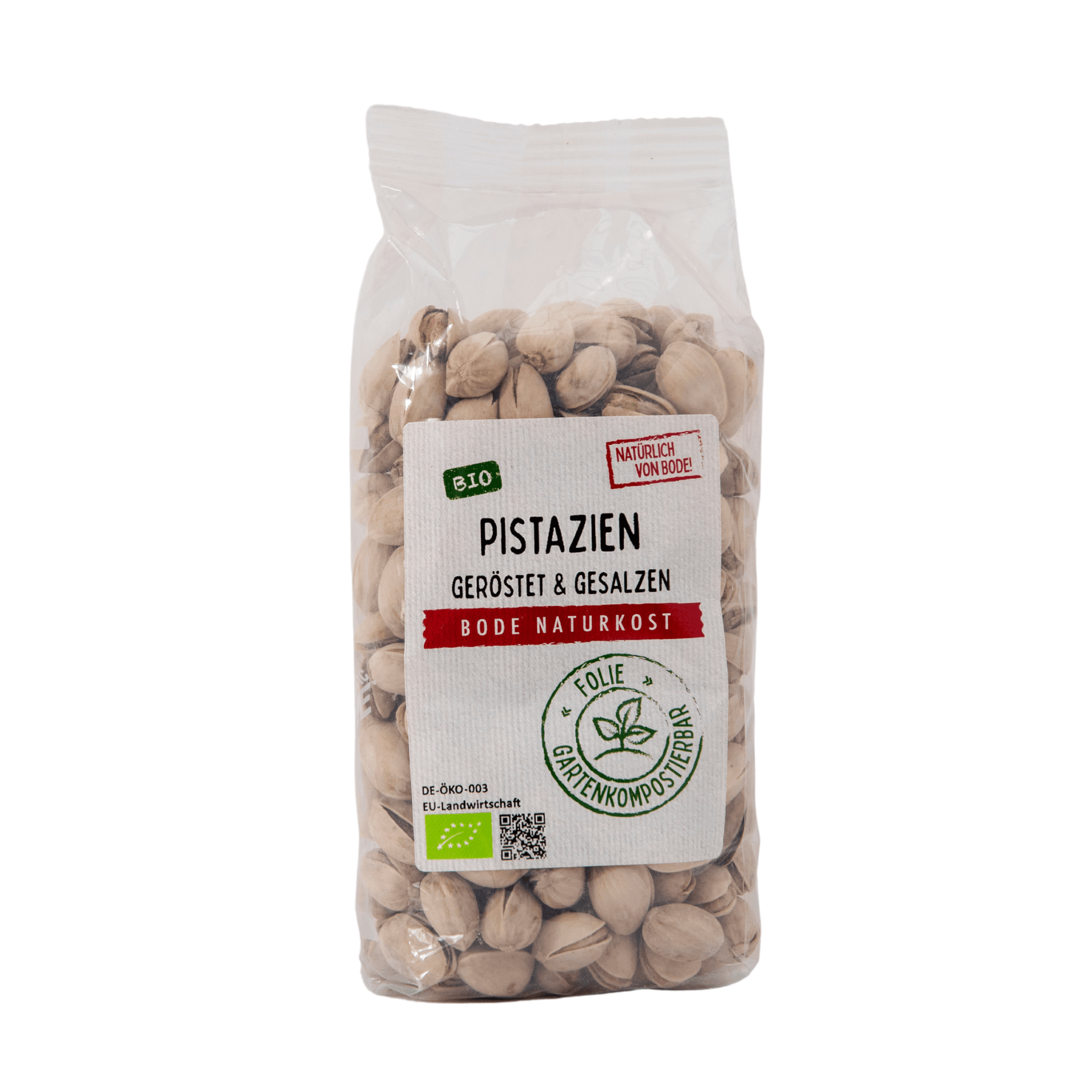 Biologische pistachenootjes gerosterd en gezouten in de schaal, tuincomposteerbare zak 6x250g
