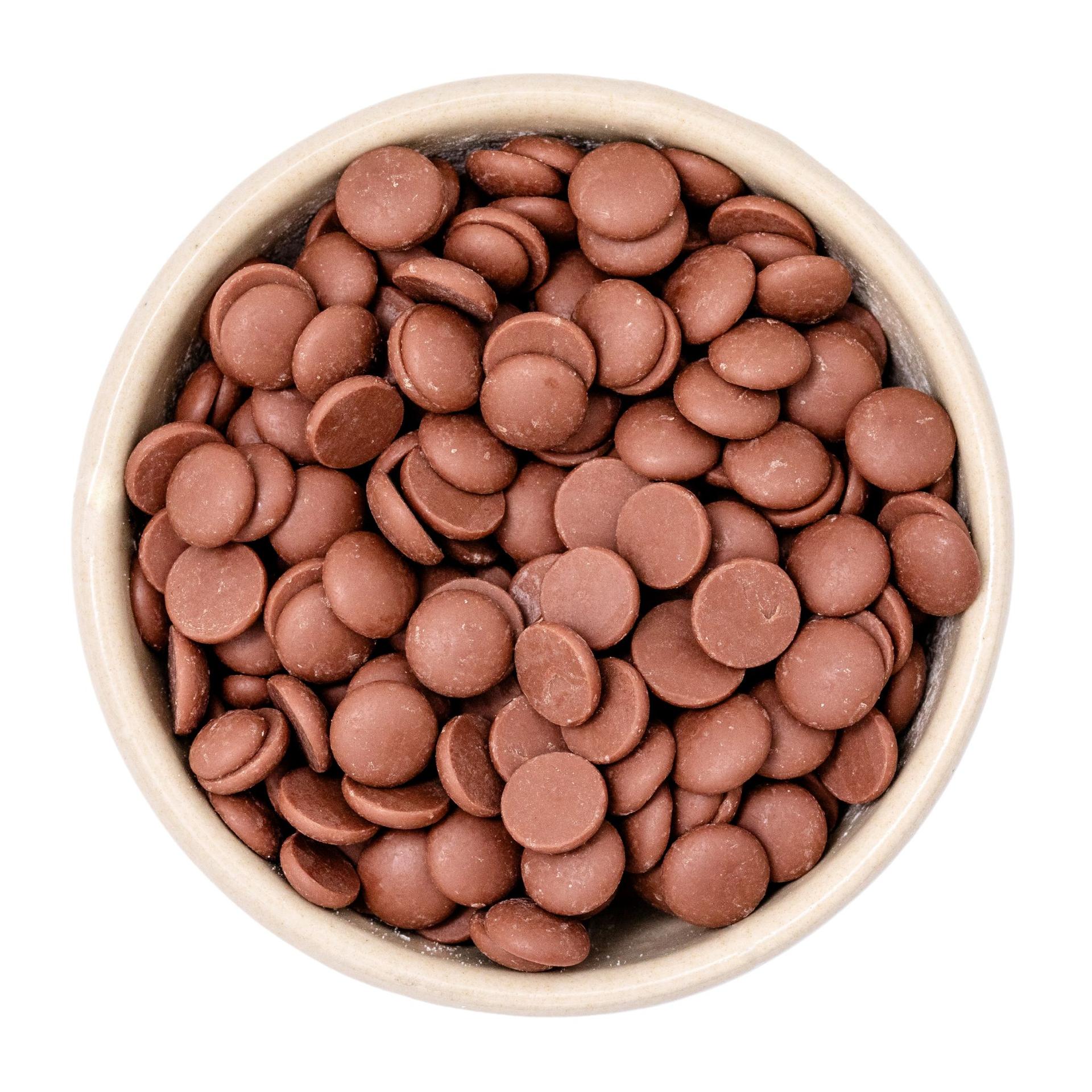 Biologische siroopdruppels ca. 10 mm melkchocolade minstens 35% cacao 20kg