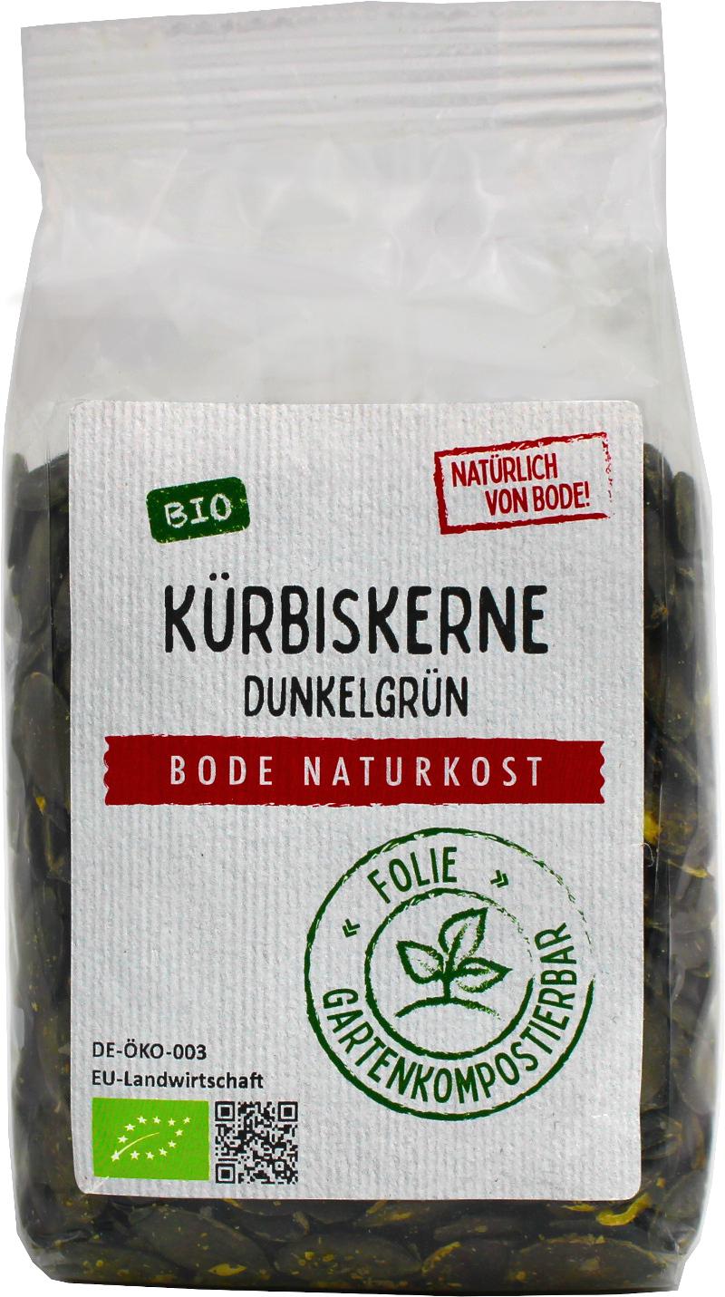 Donkergroene biologische pompoenkernen uit Europa, composteerbare zak 6x200g